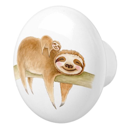Sloths cute whimsy watercolor art doorknob ceramic knob