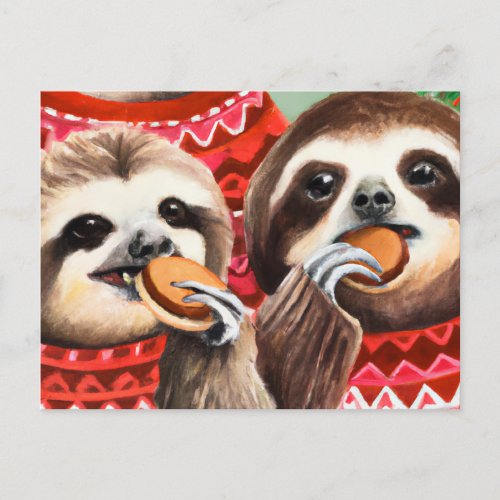 Sloths eating cookies and wearing sweaters postcard