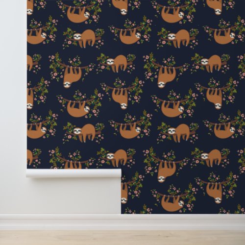 Sloths  Flowers Pattern Wallpaper