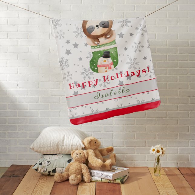 Sloths Holidays Customize Text and Name Baby Blanket (In Situ)