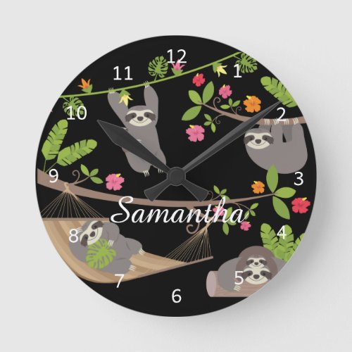 Sloths on Black Custom Personalised Name Round Clock