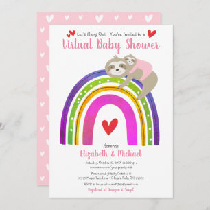 Sloths Virtual Girl Baby Shower Cute Boho Rainbow Invitation