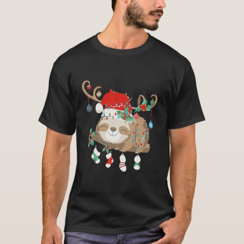 Sloths Xmas Gift Lighting Reindeer Santa Hat Sloth T_Shirt