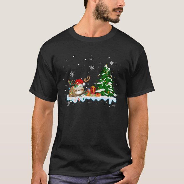 Sloths Xmas Lighting Reindeer Santa Hat Sloth Chri T-Shirt (Front)