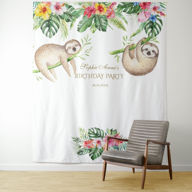 SlothTropical Floral Birthday Photo Booth Prop Tapestry (In Situ)