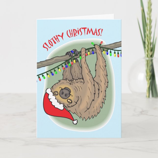 Slothy Christmas, Christmas Sloth and Lights Card (Front)
