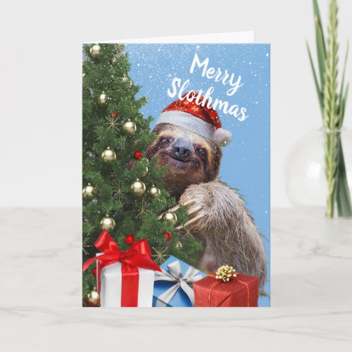 Slothy Christmas Sloth in Santa Hat and Tree Card