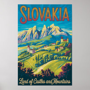 Slovakia Skyline Illustration Travel Art Vintage Poster