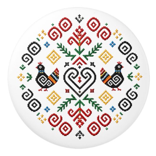 Slovakian Čičmany Chicken Folk Art Ceramic Knob