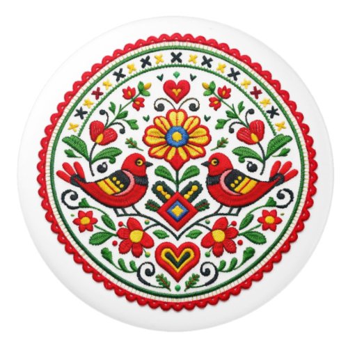 Slovakian Čičmany Red Birds Folk Art Ceramic Knob