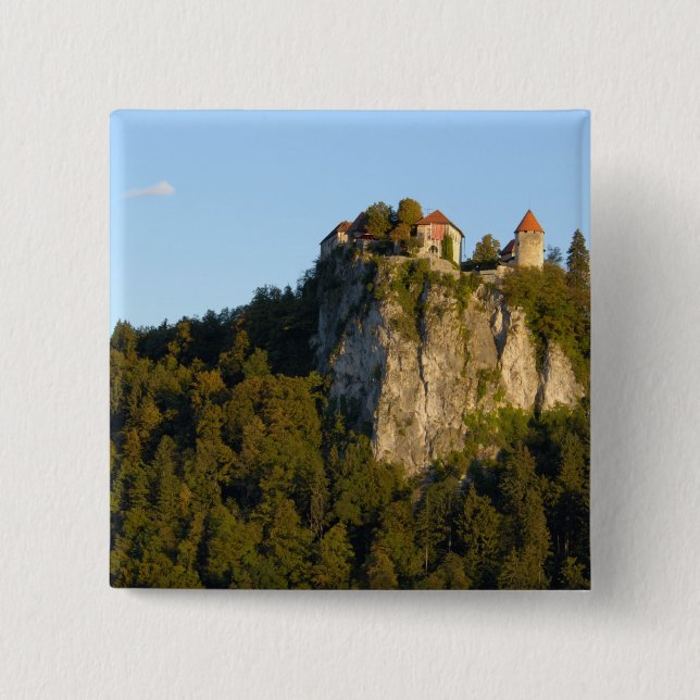 Slovenia, Bled, Lake Bled, Bled Castle on Pinback Button (Front)