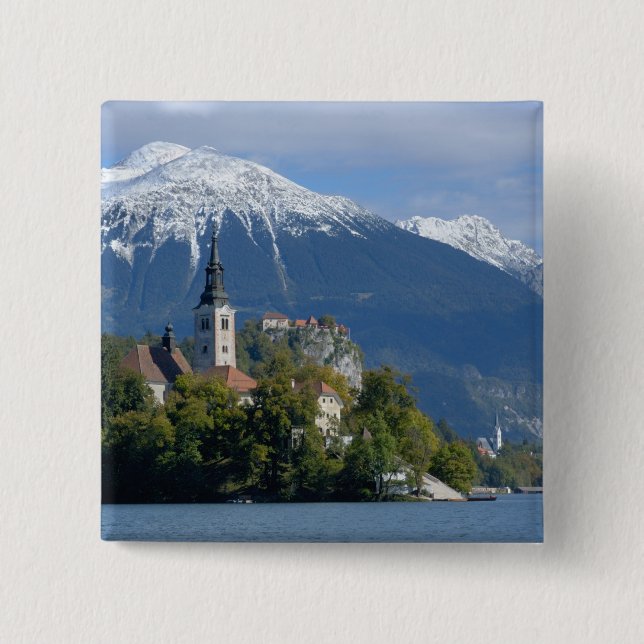 Slovenia, Bled, Lake Bled, Bled Island, Bled Pinback Button (Front)