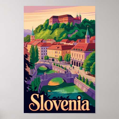 Slovenia Ljubljana Bridge Illustration Travel Art Poster