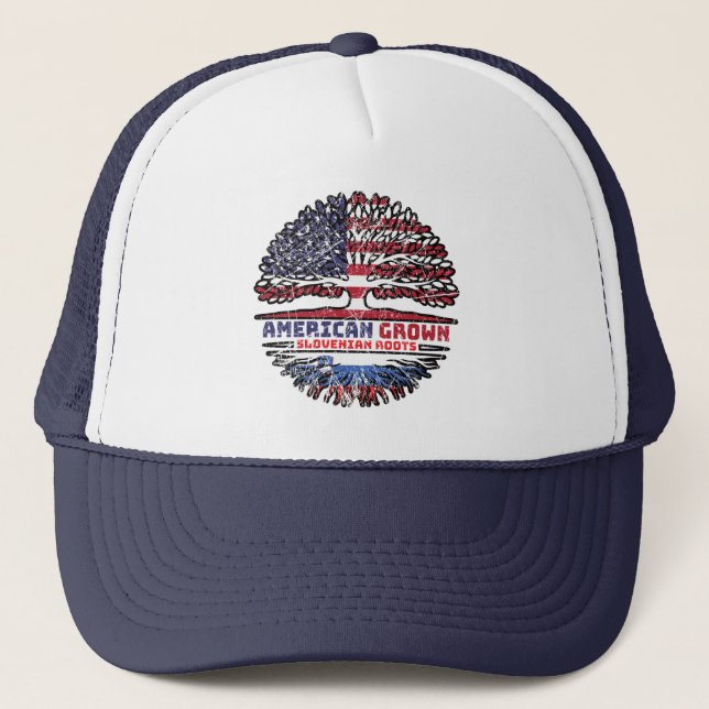 Slovenia Slovenian American USA Tree Roots Flag Trucker Hat (Front)
