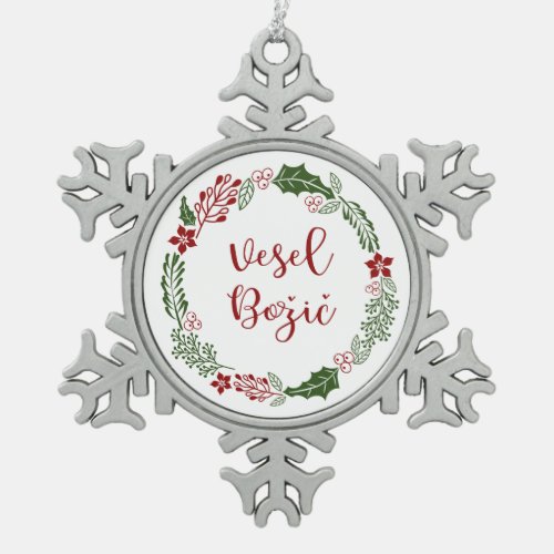 Slovenian Merry Christmas Wreath Vesel Božič Snowflake Pewter Christmas Ornament
