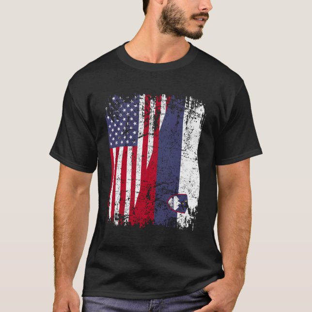 Slovenian Roots Half American Flag Slovenia T-Shirt (Front)