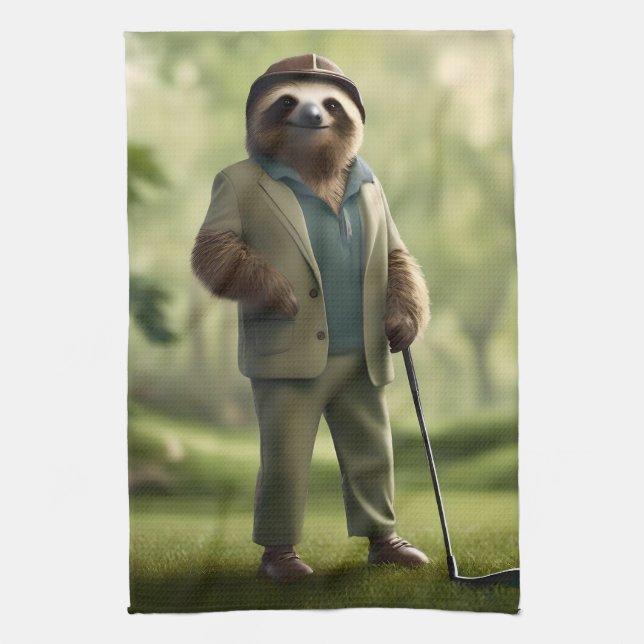 "Slow and Steady: A Sloth Is Dressed for Golf  Kitchen Towel (Vertical)