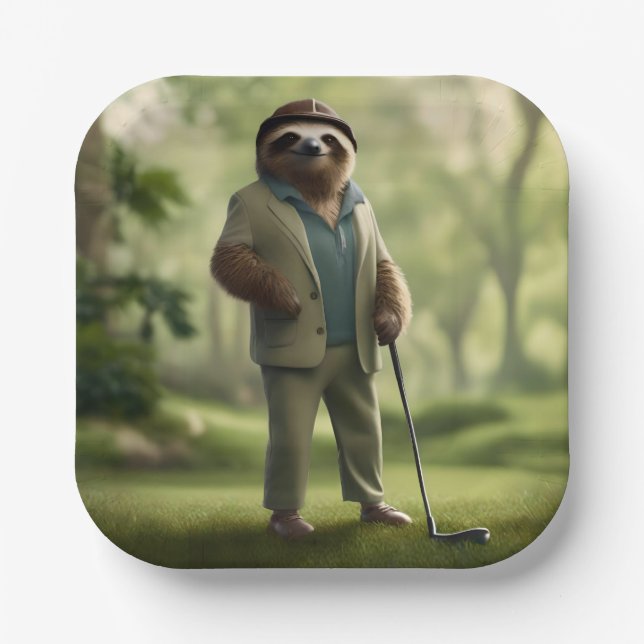 "Slow and Steady: A Sloth Is Dressed for Golf  Paper Plates (Front)
