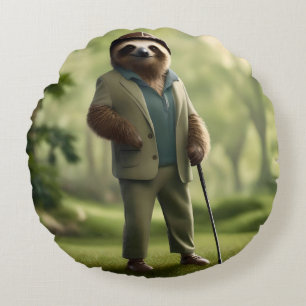 "Slow and Steady: A Sloth Is Dressed for Golf Round Pillow