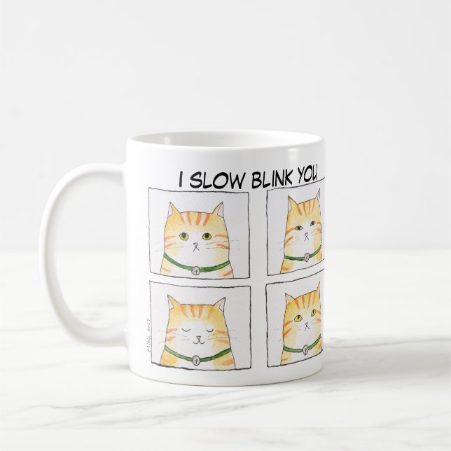 Slow Blinking Orange Tabby Cat Funny Cat Comic Coffee Mug (Left)