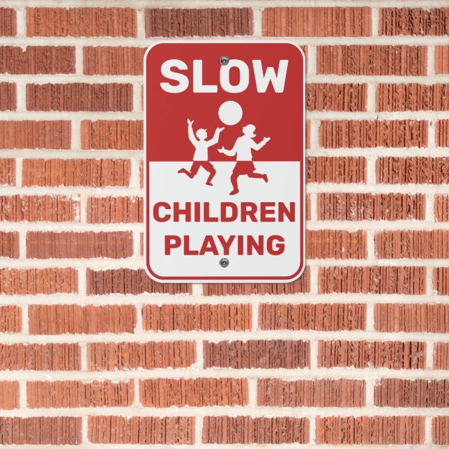 Slow Children Playing Red White Metal Sign (In Situ(Brick))