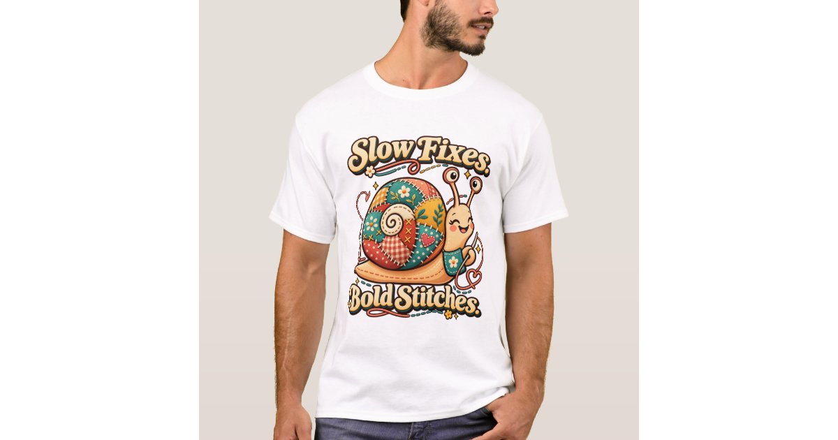 Official Zazzle apparel mockup with Slow Fixes, Bold Stitches — Patchwork Snail