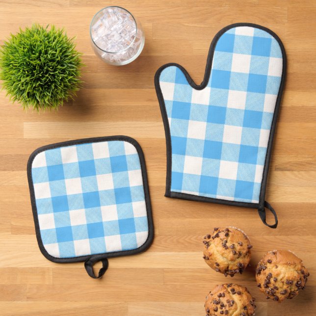 Slow-Living Summer Sky Check Oven Mitt & Pot Holder Set (Top Down)
