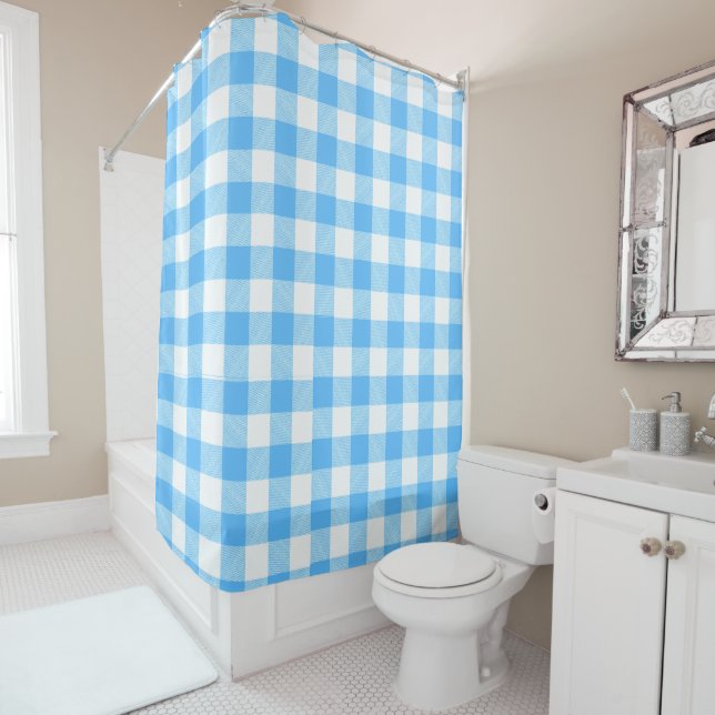 Slow-Living Summer Sky Check Shower Curtain (In Situ)
