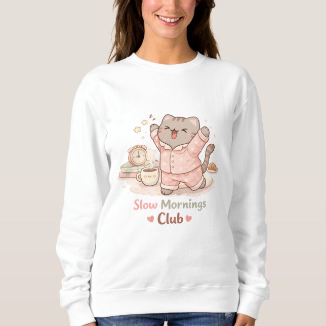 Slow Morning Club Hygge Cute Kawaii Kitty Cat Warm Sweatshirt (Front)