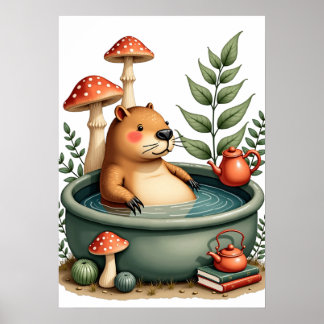 Slow Mornings Capybara Cottagecore Watercolor Mug  Poster