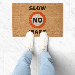 SLOW NO WAKE Grunge Nautical Signage Style Fiber Doormat
