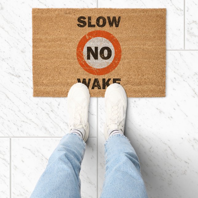 SLOW NO WAKE Grunge Nautical Signage Style Fiber Doormat (Insitu)