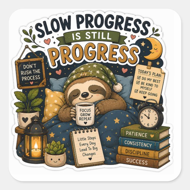 Slow Progress Is Still Progress – Cozy Sloth  Square Sticker (Front)