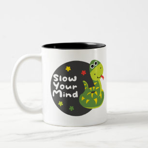 Slow your mind Kawaii funny green snake Two-Tone Coffee Mug