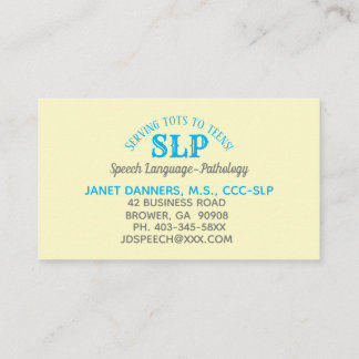 SLP business cards serving tots to teens