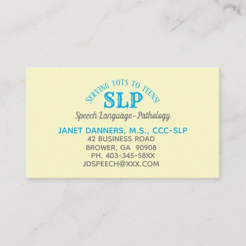 SLP business cards serving tots to teens