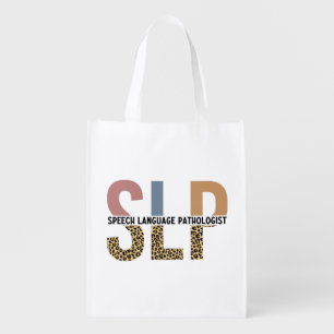 SLP Speech Pathologist Leopard Print Typography Grocery Bag