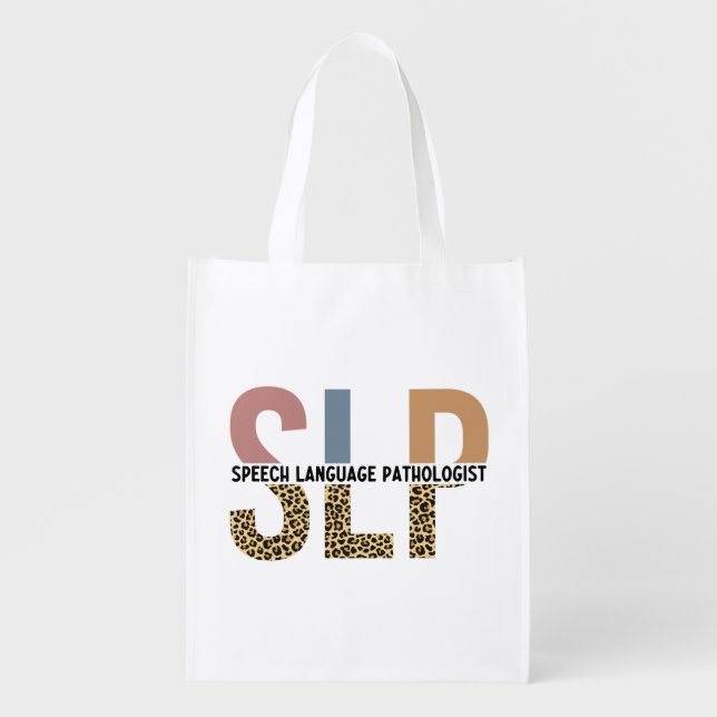 SLP Speech Pathologist Leopard Print Typography Grocery Bag (Front)