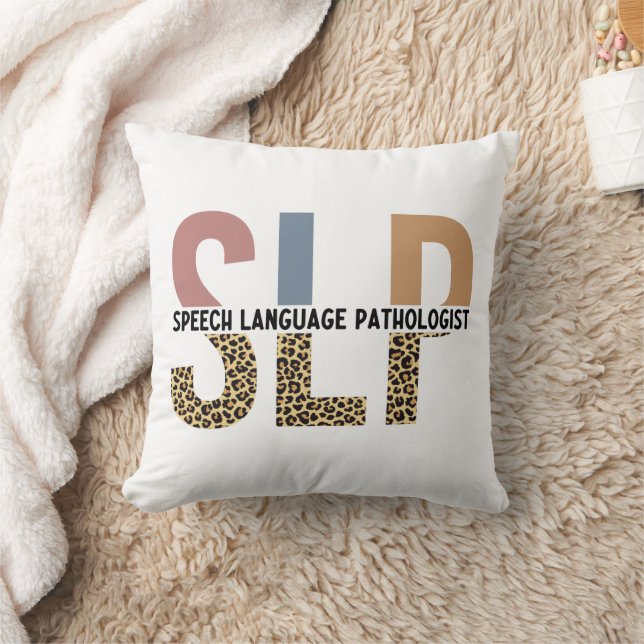 SLP Speech Pathologist Leopard Print Typography Throw Pillow (Blanket)