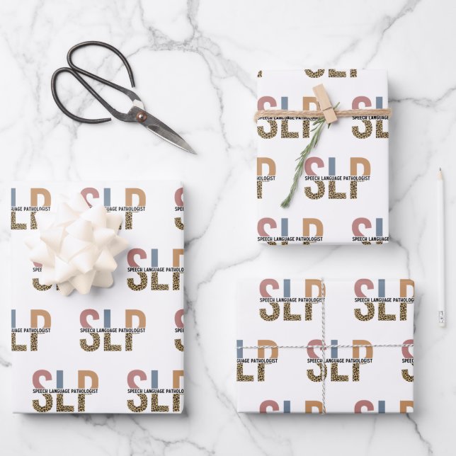 SLP Speech Pathologist Leopard Print Typography Wrapping Paper Sheets (Front)