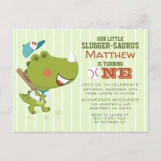 Slugger-Saurus Baseball Dino Baby Boy 1st Birthday Invitation Postcard