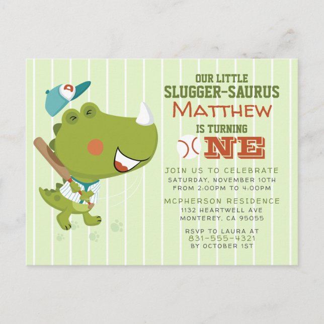 Slugger-Saurus Baseball Dino Baby Boy 1st Birthday Invitation Postcard (Front)