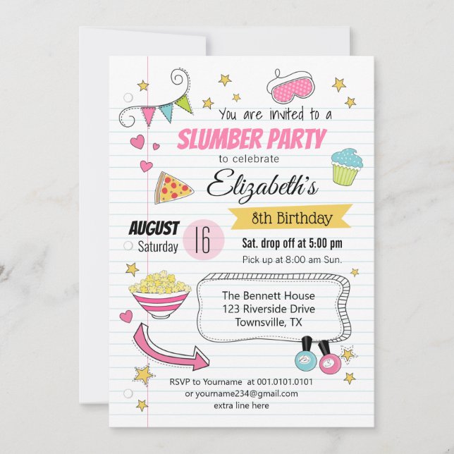 Slumber and Sleepover Party Birthday Invitation (Front)