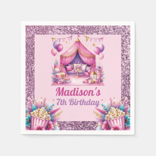 Slumber Birthday Party Custom Pink Purple glitter Napkins (Front)