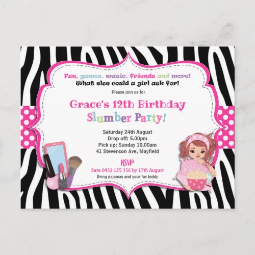 Slumber Birthday Party Zebra Print Girl Invitation Postcard