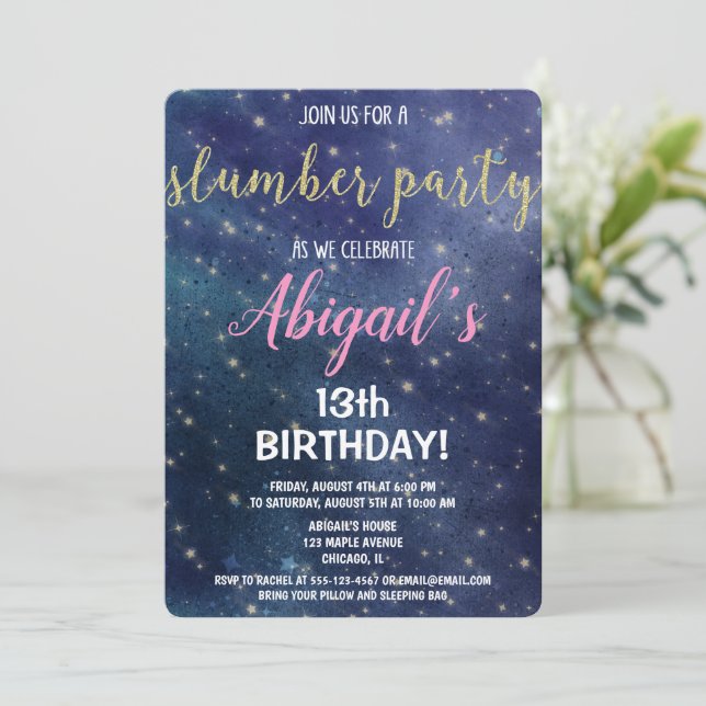 Slumber party birthday galaxy sleepover invitation (Standing Front)