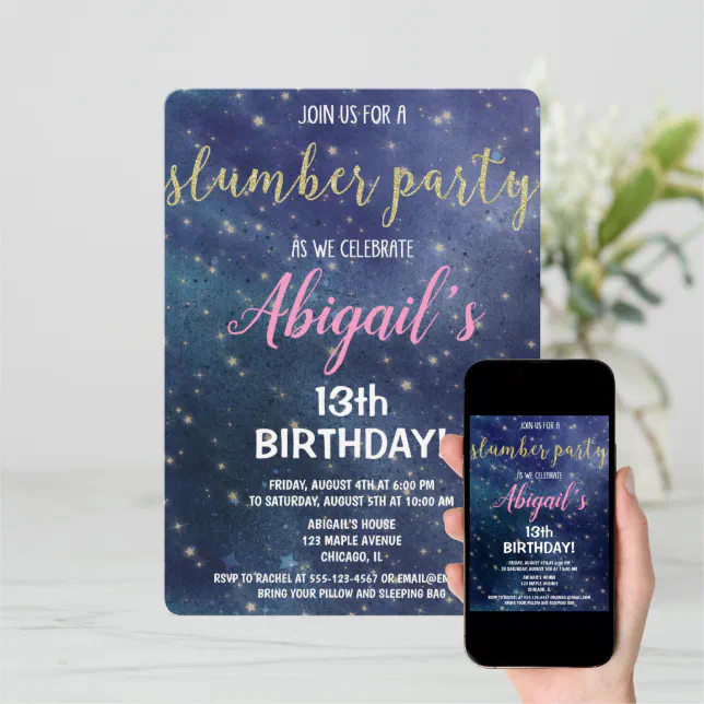 Slumber party birthday galaxy sleepover invitation | Zazzle