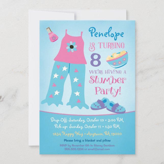 Slumber Party Birthday Invitation Pajama Sleepover (Front)