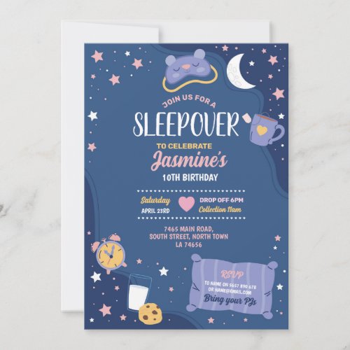 Slumber Party Birthday Sleepover Cute Girls Blue Invitation