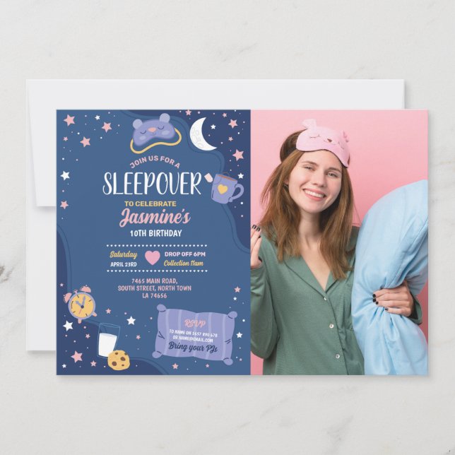 Slumber Party Birthday Sleepover Girls Blue Photo Invitation (Front)